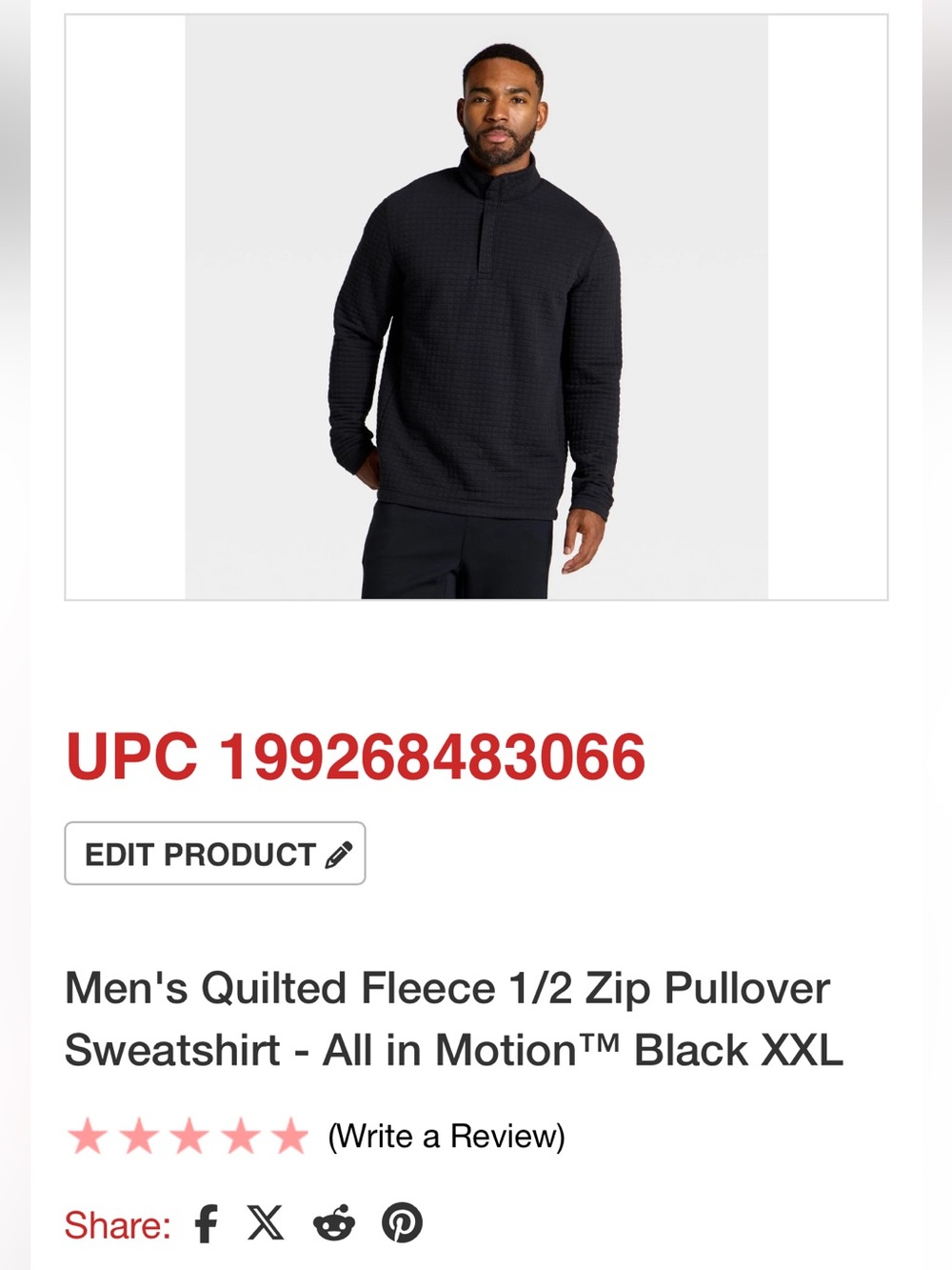 all in motion Men's Quilted 1/2 Zip Pullover - Black
